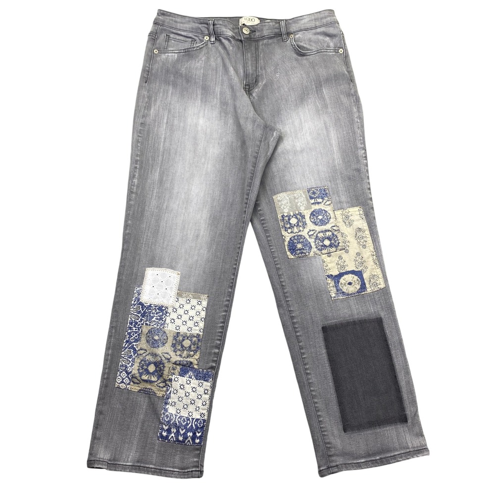 LOGO Lori Goldstein Gray Denim Boyfriend Jeans Patchwork Embellished 14 Fits 32"